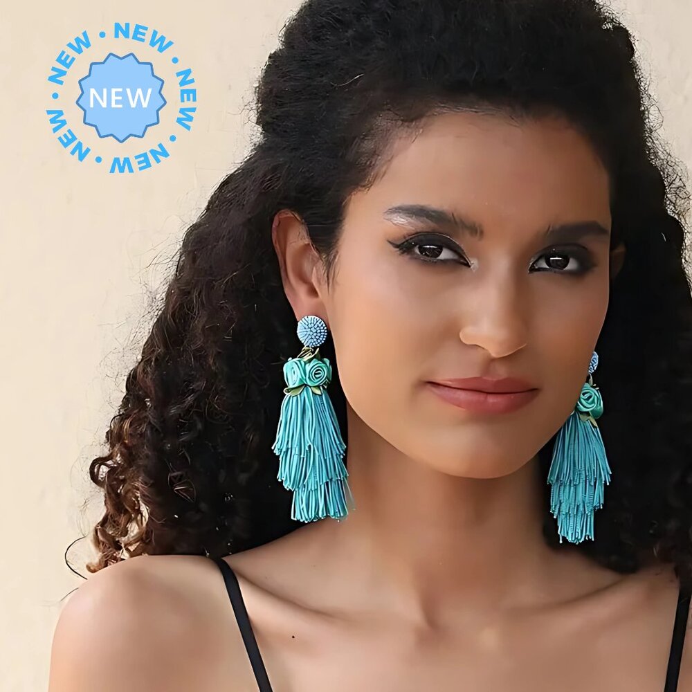 NEW Turquoise Tassel & Rosebud Flower Leaves Seed Beaded Turquoise Boho Earrings